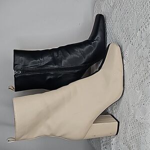 SHE&IN Shein colorblock half black cream block heeled ankle square toe boots s…